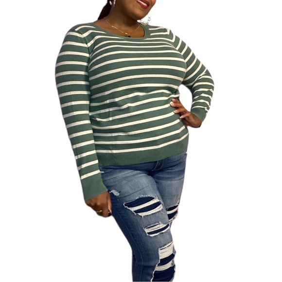 Green and Cream Horizontal Stripped Sweater - Picture 2 of 7